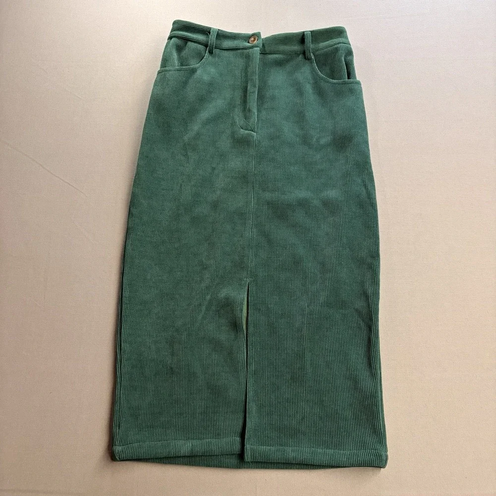 PrettyGarden Green Ribbed Chenille Corduroy Look Pencil Skirt Front Slit Sz 6